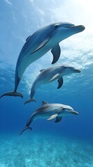 Naklejka premium Three dolphins leap through the crystal-clear blue water, creating a stunning display of grace and agility.