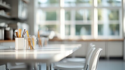 A bright, modern kitchen with large sunny windows, clean and organized counters, and neatly arranged pens, providing a serene and inviting atmosphere for cooking and working.