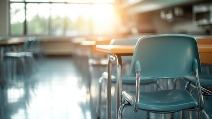 A modern classroom interior with rows of teal plastic chairs and wooden desks. Sunlight is streaming in from large windows, creating a warm and inviting atmosphere.