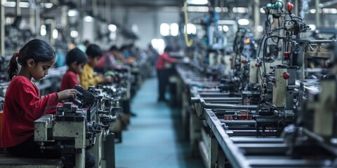 Factory Setting with Children Working at Machines