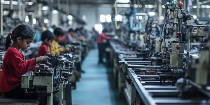 Factory Setting with Children Working at Machines