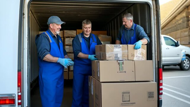 Three men are working together to load boxes into a shipping container. They are wearing blue overalls and gloves, and appear to be focused on their task