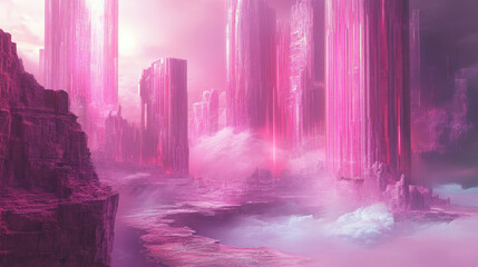 Pink fantasy science fiction city. Digital painting. Fictional abstract realm. Futuristic concept art. Colorful artistic landscape.