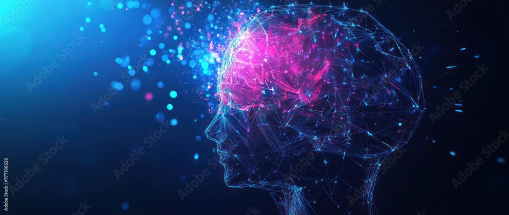 Poster digital brain in abstract form with glow effect