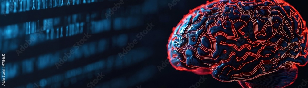 Poster an abstract representation of a human brain surrounded by digital data, symbolizing the intersection