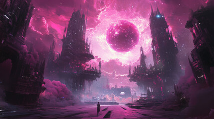 Obraz premium Pink fantasy science fiction city. Digital painting. Fictional abstract realm. Futuristic concept art. Colorful artistic landscape.
