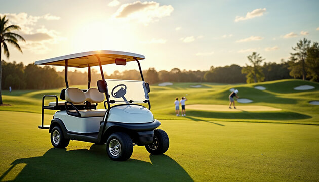 Stylish golf cart on a sunlit course with a panoramic view, golfers in the distance, and space for text.