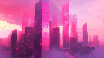 Pink fantasy science fiction city. Digital painting. Fictional abstract realm. Futuristic concept art. Colorful artistic landscape.