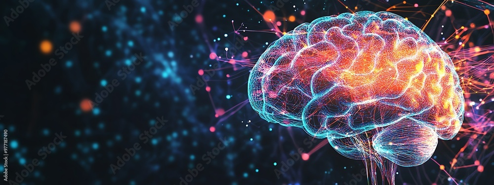 Poster abstract wireframe brain with vibrant neural pathways
