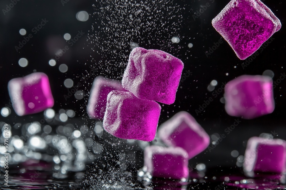 Poster a close up of a bunch of purple cubes. the cubes are all different sizes and are scattered throughou