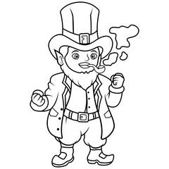 Cartoon leprechaun with smoking pipe line art