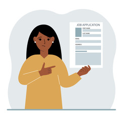 The unemployed man is holding a resume. Candidate with resume. The woman is looking for a job. Paper sheet with avatar and skills. Labor market, unemployment problem.