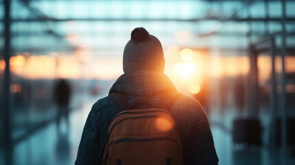 A lone traveler with a backpack and a winter hat moves through a sunlit airport terminal, capturing the essence of exploration, journey, and anticipation of new destinations.