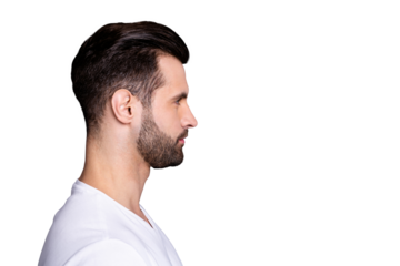 Close up side profile photo amazing he him his wondered macho perfect ideal appearance easy-going reliable person look calm not talk tell speak say wear casual white t-shirt isolated grey background