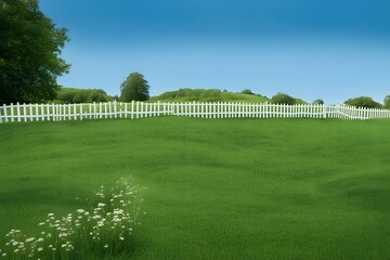 A bright green meadow bordered by a picket fence with a clear blue sky above, AI Generated