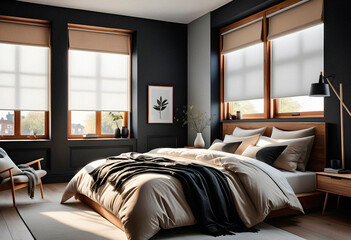 Modern bedroom interior in eco style with natural materials