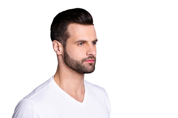 Fototapeta premium Close up side profile photo amazing he him his macho perfect ideal appearance neat bristle easy-going person calm not talk tell speak say smile wear casual white t-shirt isolated grey background