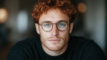 A young man with striking red hair and round glasses looks intently at the camera, wearing a casual black sweater, embodying modern style and thoughtfulness.