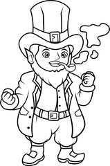 Cartoon leprechaun with smoking pipe line art