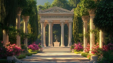 Fototapeta premium Detailed view of a classical Greek portico with ornate columns and pediment