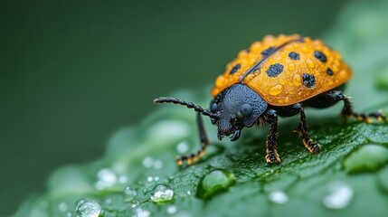 This clear macro photograph captures a ladybug on a leaf with water droplets, highlighting the crisp details and vibrant colors of the insect against its natural environment.