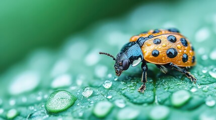 Fototapeta premium This stunning macro photograph captures the intricate details of a bright orange and black ladybug perched on a green leaf, adorned with glistening water droplets.