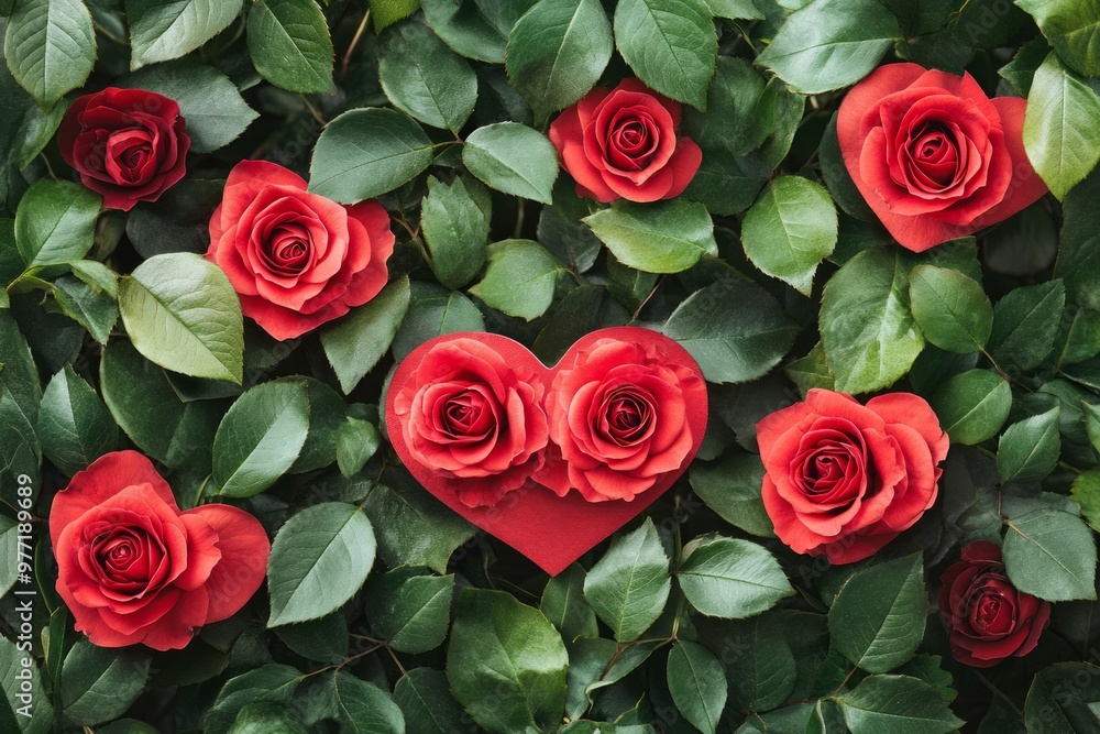 Sticker A romantic arrangement of red roses and green leaves.