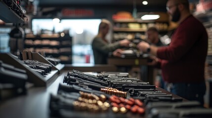 A display of handguns and ammunition in a retail store, with customers interacting in the background.