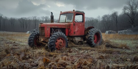 Fototapeta premium Weathered red tractor standing in a frosty, desolate field during winter with overcast skies and old farm structures in the background