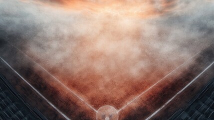 Dramatic image of a baseball diamond viewed from above, captured at sunset with vibrant and moody sky colors enhancing the overall atmosphere of the scene.