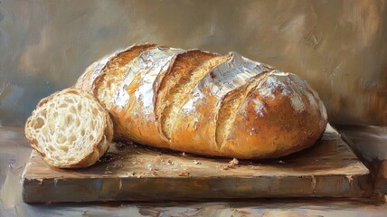 Richly colored oil painting of bread, showcasing crusty textures and realism.