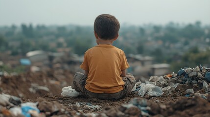 young boy in orange shirt sitting alone on garbage-covered hill overlooking poor neighborhood, concept for International Day for the Eradication of Poverty