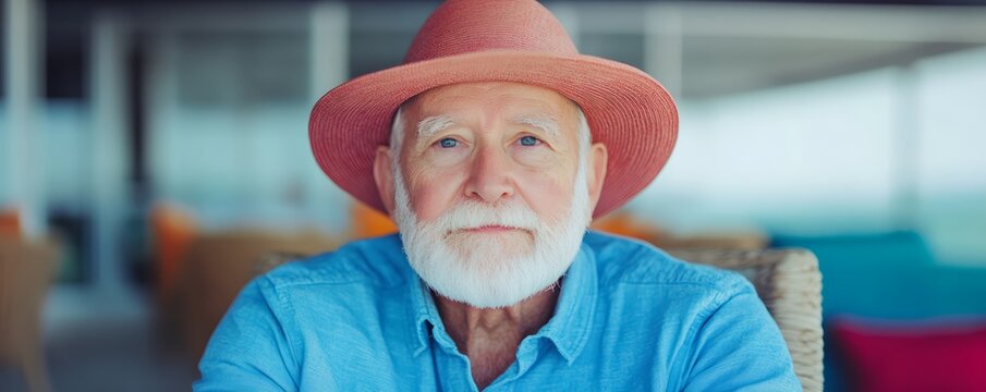 elderly man in blue shirt and pink hat sitting indoors, warm portrait for International Day of Older Persons, close-up view