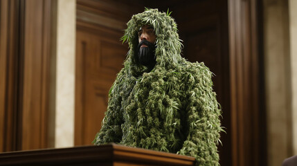 Obraz premium Lawyer wearing marijuana ghillie suit in courtroom