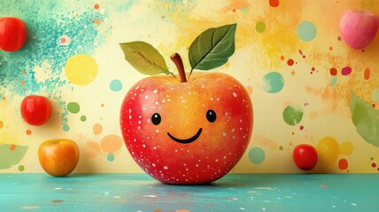 A whimsical cartoon-style apple with exaggerated features and bright, cheerful colors.