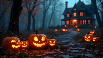 Fototapeta premium Halloween background with pumpkins, haunted house and full moon. Generative AI