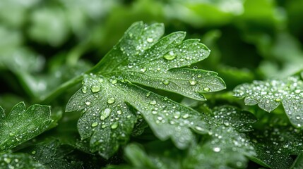 A macro photograph featuring the intricate details of parsley leaves adorned with tiny dew droplets, capturing the natural freshness and vibrant green shade of the herb.