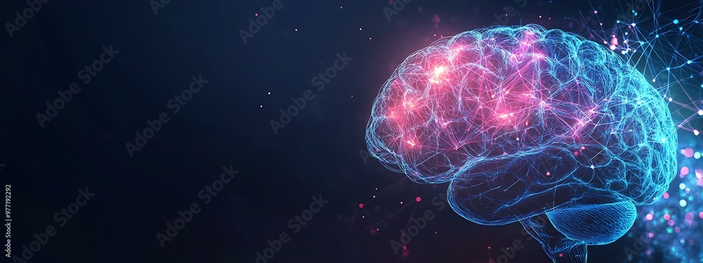 Poster A digital representation of the human brain with glowing neural pathways.