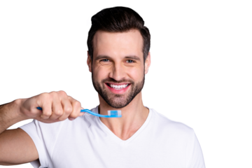 Close up photo amazing he him his macho cleaning mouth buy buyer new hand novelty plastic personal equipment tooth brush shower prepare working day wear casual white t-shirt isolated grey background