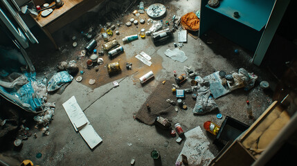 Messy apartment floor covered with trash and empty bottles