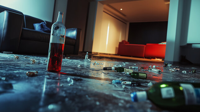 Messy apartment living room floor after house party with alcohol bottles and drugs