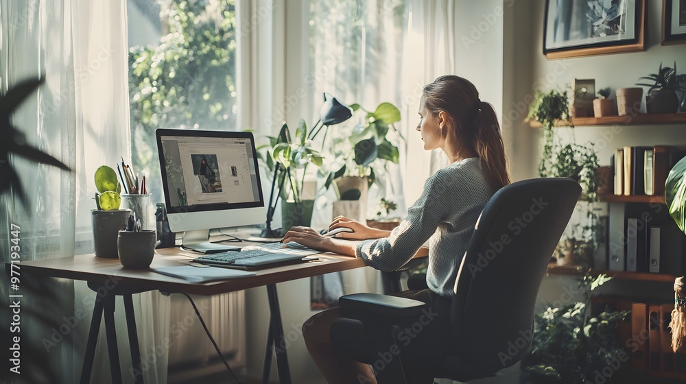 Poster woman working on a computer at a desk with plants and a window in the background