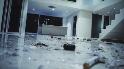 Trashed modern home interior after party showing drug abuse