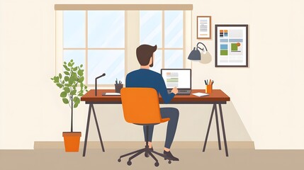 A man working on his laptop at his desk in a home office