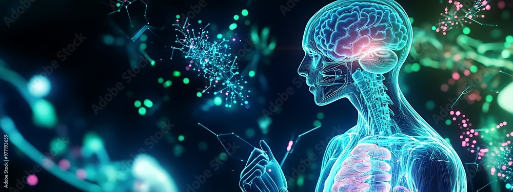 Poster a 3d render of a human body with visible organs and a blue and green background