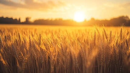 Naklejka premium A golden wheat field illuminated by the warm glow of the setting sun, capturing the essence of nature's bounty.