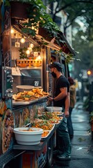 A man stands at a food truck filled with various dishes, illuminated by warm hanging lights,...