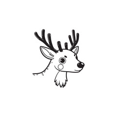 Christmas Reindeer Vector Illustration - Black Outline on White.