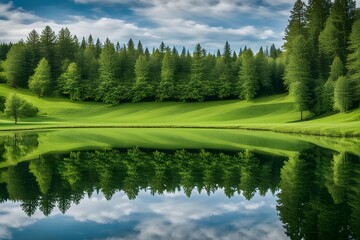 A green meadow next to a clear lake with the reflection of the sky and trees in the water, AI Generated