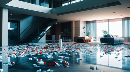 Obraz premium Modern house flooded with prescription drugs reflecting addiction issues